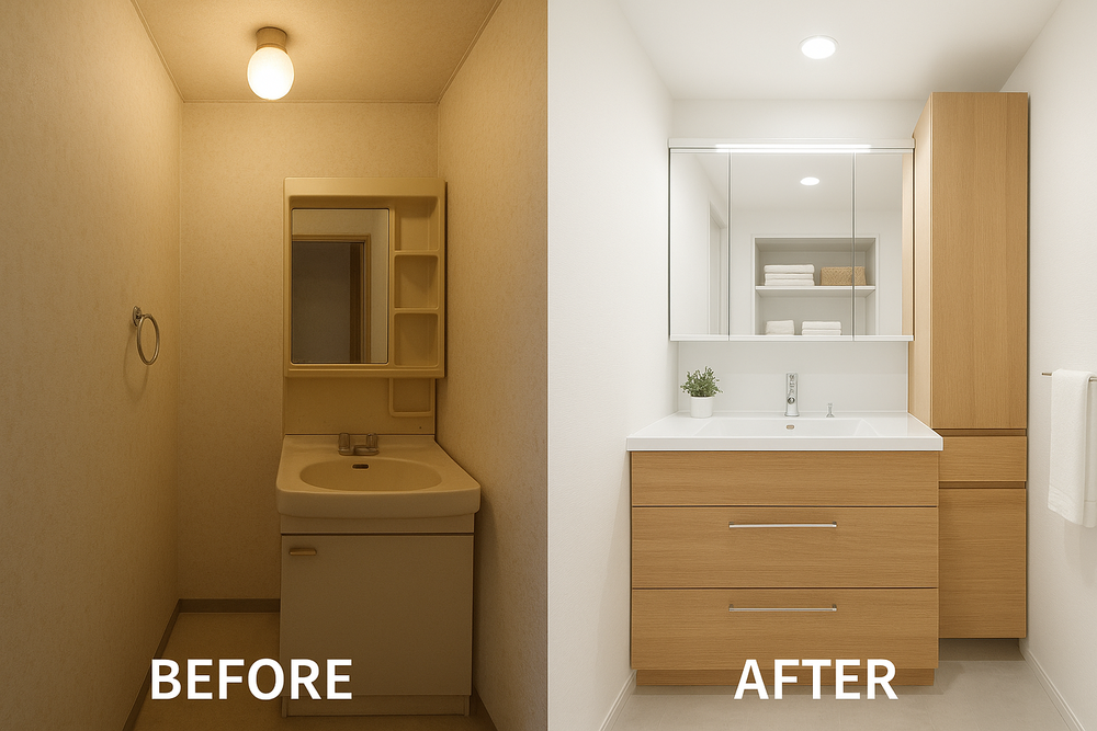 収納たっぷりの明るい洗面所