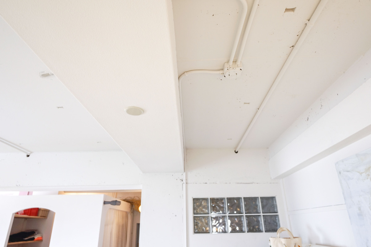 白い配管が走る、コンクリ天井の意匠