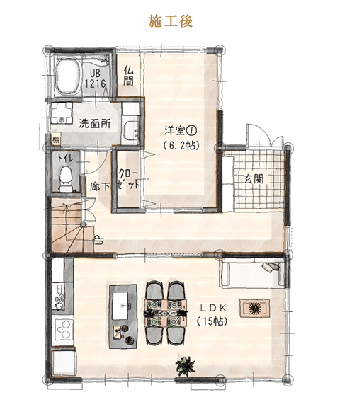 名古屋市緑区の施工事例　壁に遮られた閉鎖的なキッチンから、光が巡る「家事シェア」の主役へ